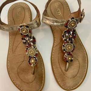gold jeweled sandals flat